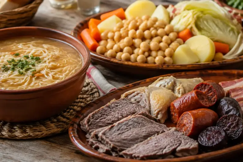 Cocido madrileño servido con sopa de fideos, garbanzos, verduras y carnes