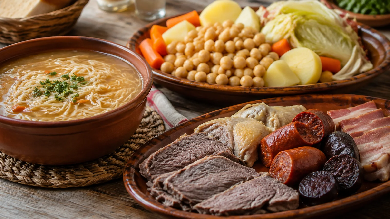 Cocido madrileño servido con sopa de fideos, garbanzos, verduras y carnes
