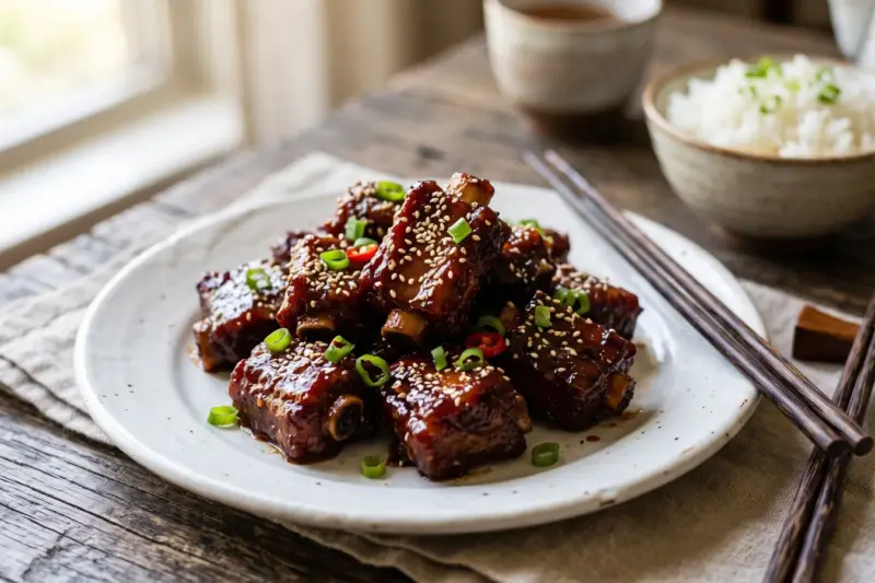 Costillas agridulces al estilo Shanghái con sésamo tostado