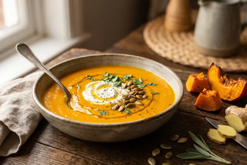 Crema de calabaza y jengibre con yogur y pipas de calabaza