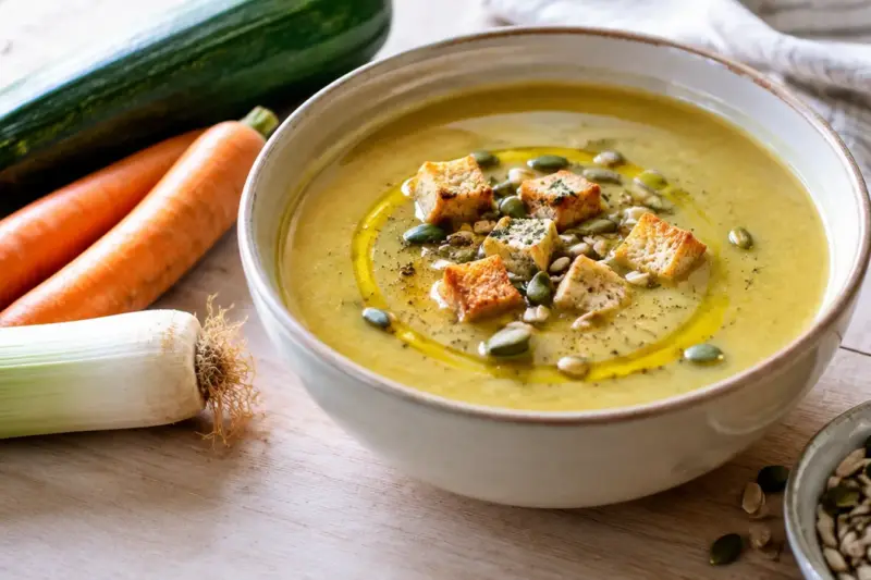 Cuenco de crema de verduras con aceite de oliva, picatostes y semillas