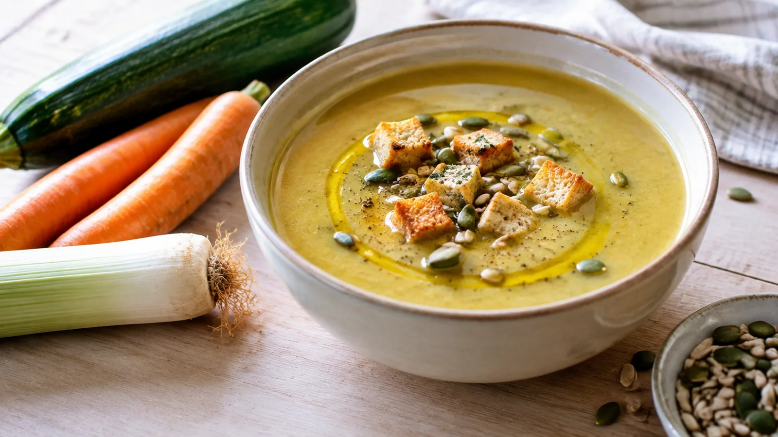 Cuenco de crema de verduras con aceite de oliva, picatostes y semillas