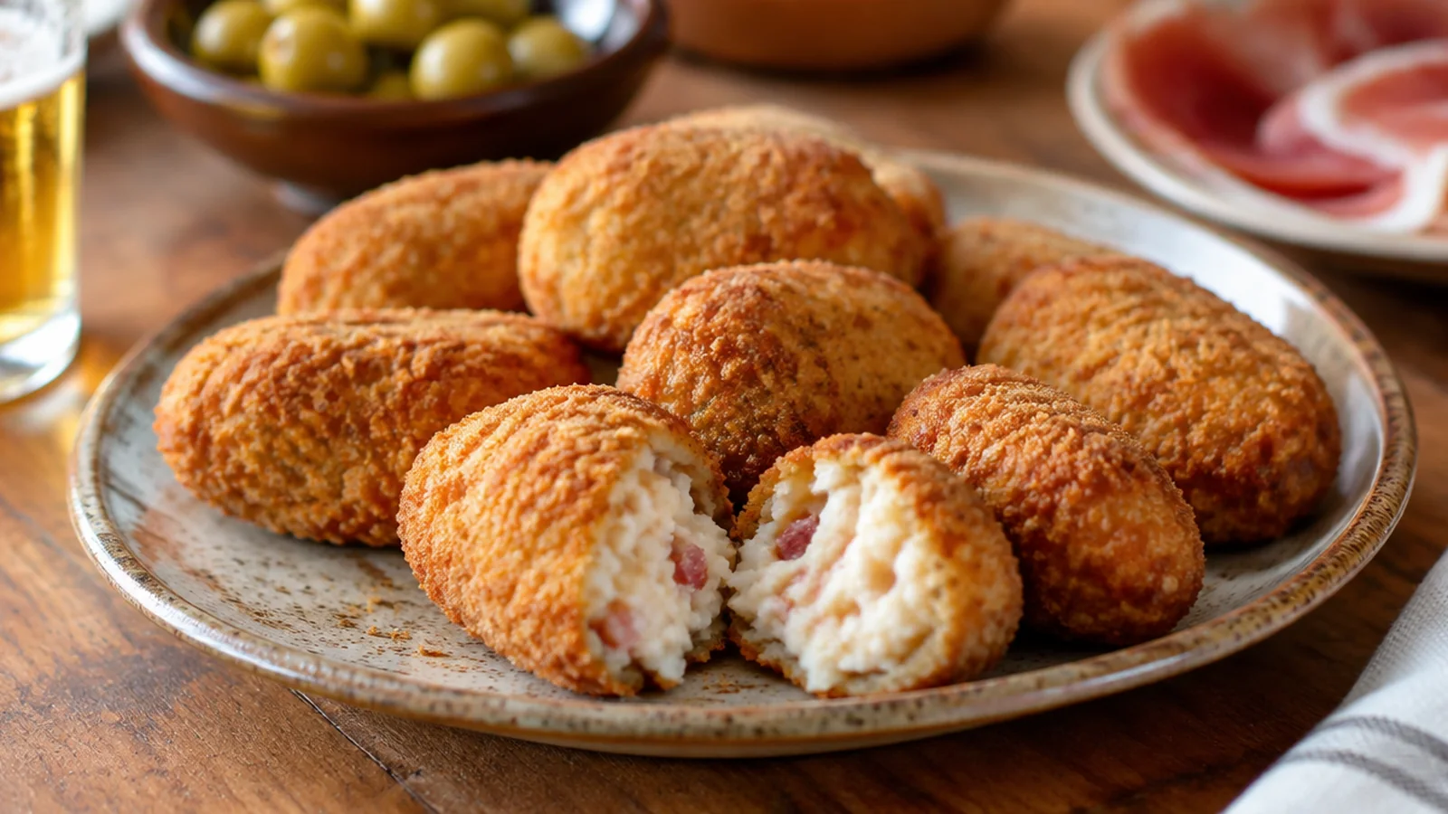 Croquetas de jamón caseras doradas, una abierta mostrando el interior cremoso