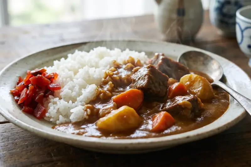 Curry japonés con ternera, patata y zanahoria junto a arroz blanco