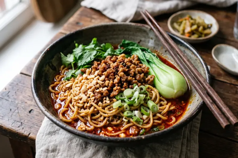 Dan dan mian con carne picada, cacahuetes y aceite de guindilla