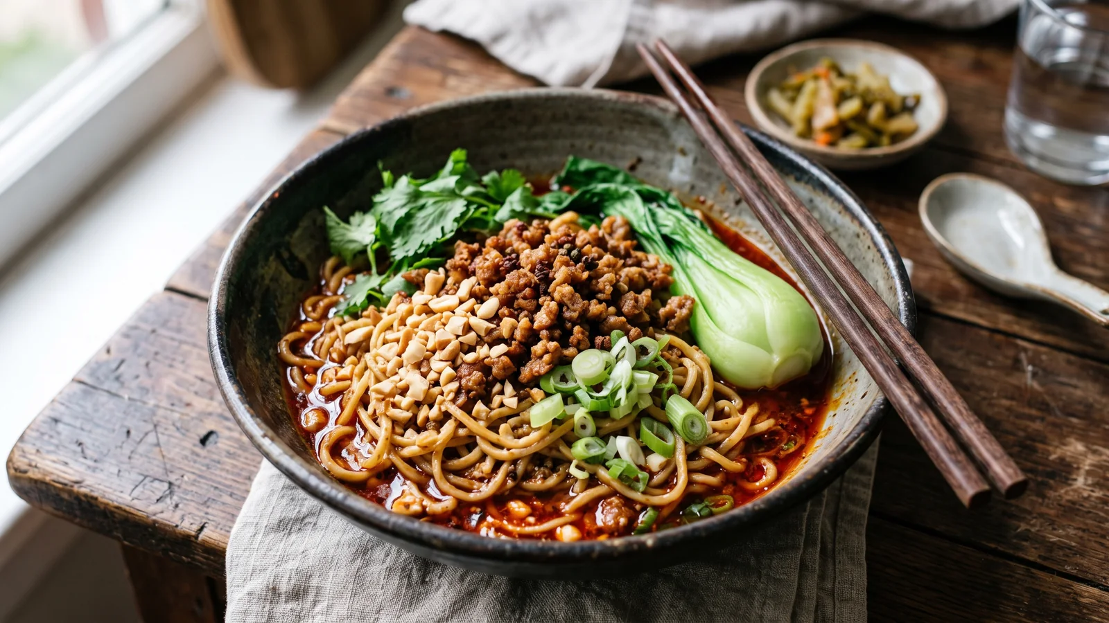 Dan dan mian con carne picada, cacahuetes y aceite de guindilla