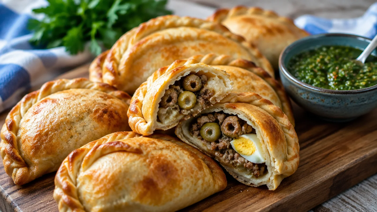 Empanadas argentinas de carne al horno, una abierta mostrando el relleno