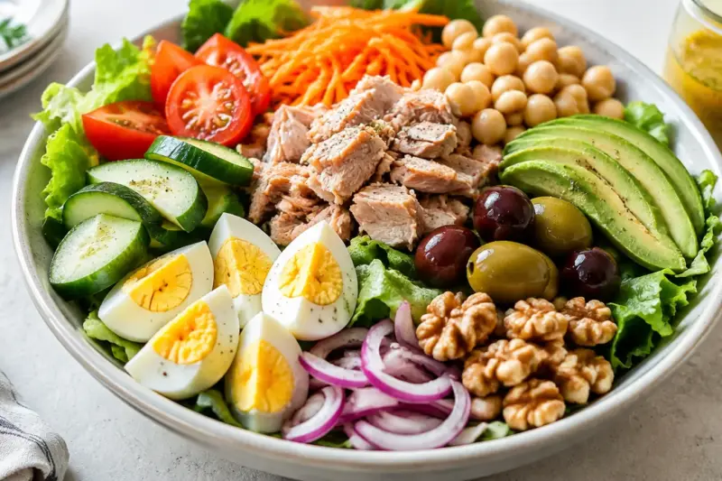 Ensalada completa con garbanzos, atún, huevo, aguacate y verduras