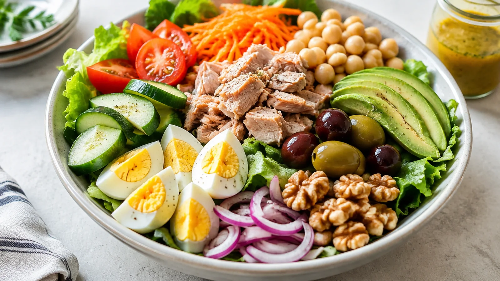 Ensalada completa con garbanzos, atún, huevo, aguacate y verduras
