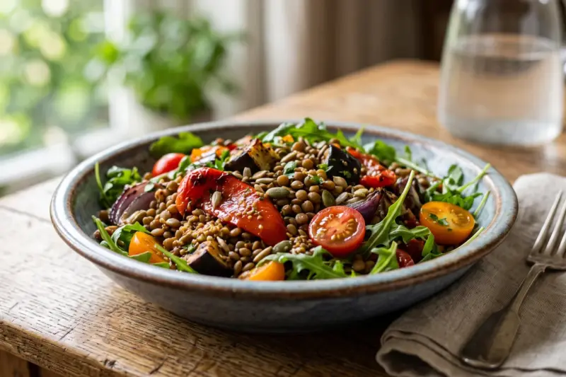 Ensalada templada de lentejas con verduras asadas y rúcula