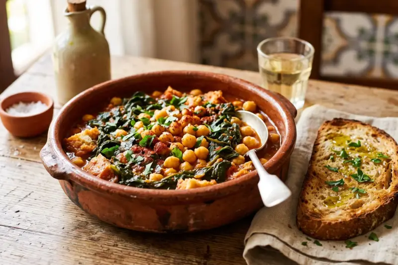 Espinacas con garbanzos a la sevillana en cazuela de barro