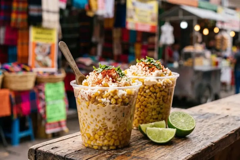 Esquites en vasito con mayonesa, queso, chile en polvo y lima