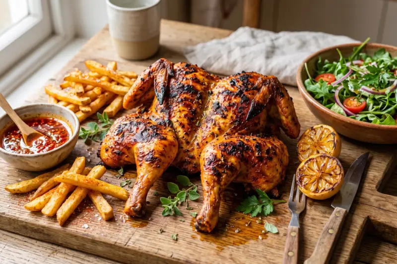 Frango piri-piri asado con salsa picante, patatas fritas y ensalada