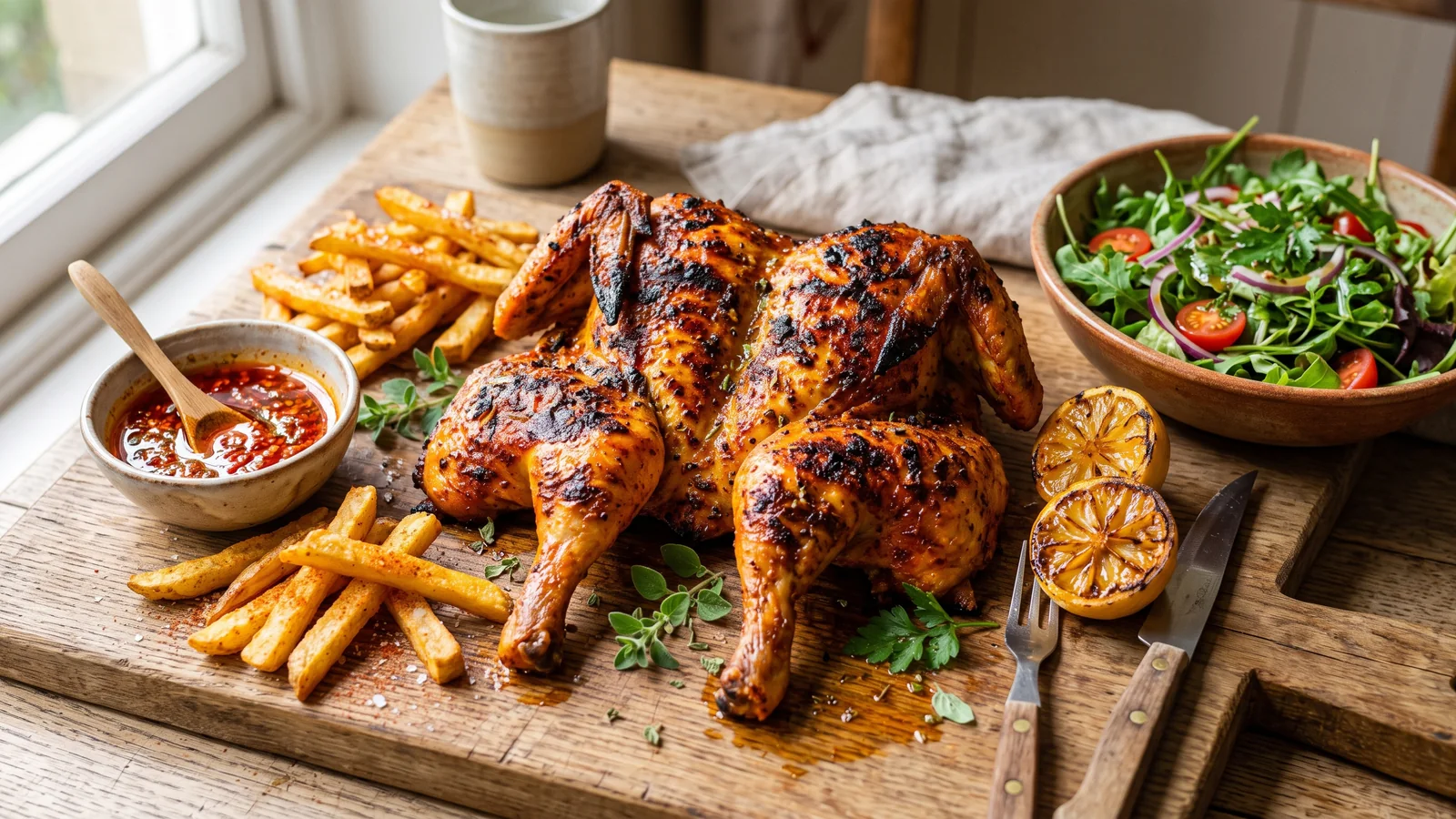 Frango piri-piri asado con salsa picante, patatas fritas y ensalada
