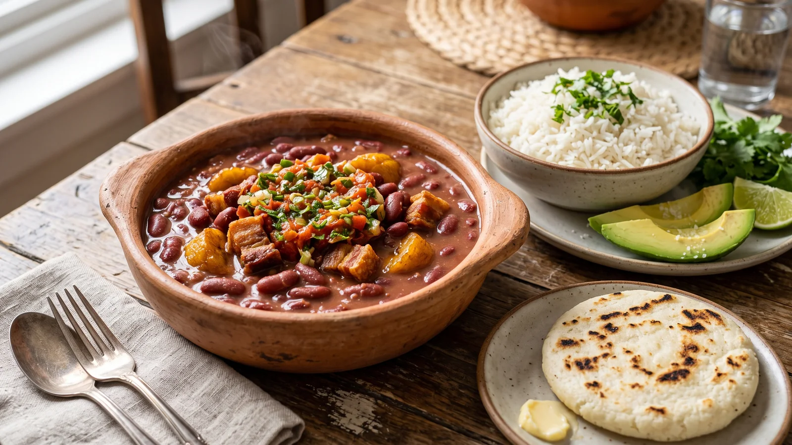 Frijoles antioqueños con hogao, arroz blanco y aguacate