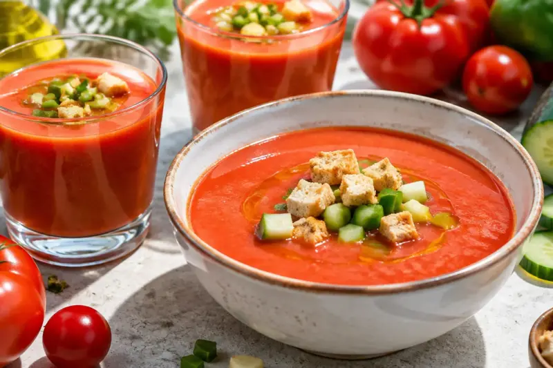 Gazpacho andaluz en vaso y cuenco con guarnición de verduras picadas