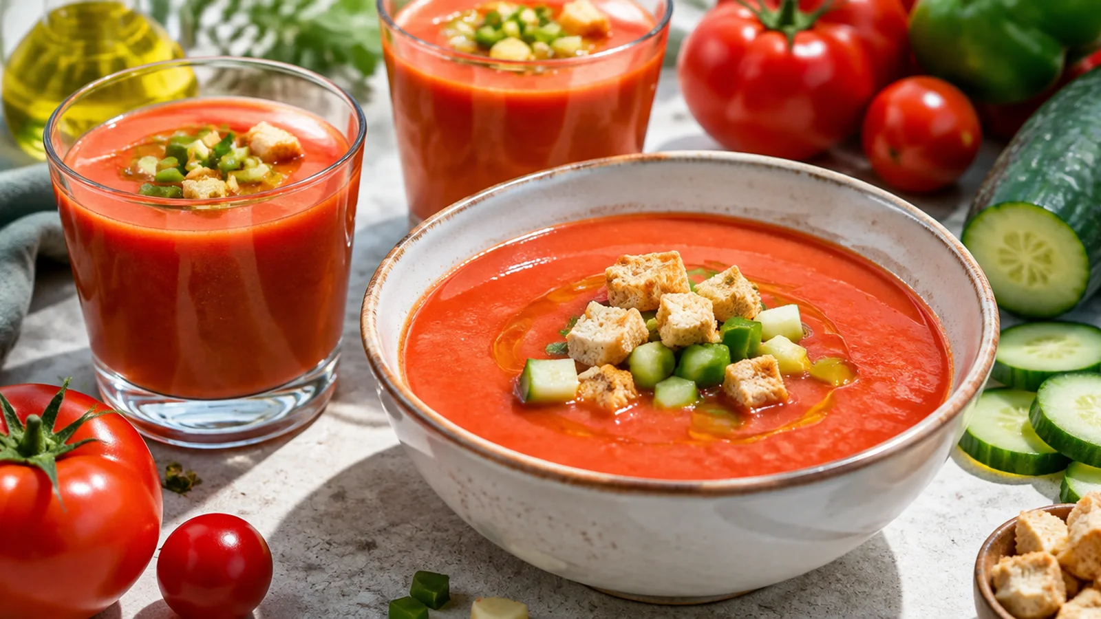 Gazpacho andaluz en vaso y cuenco con guarnición de verduras picadas