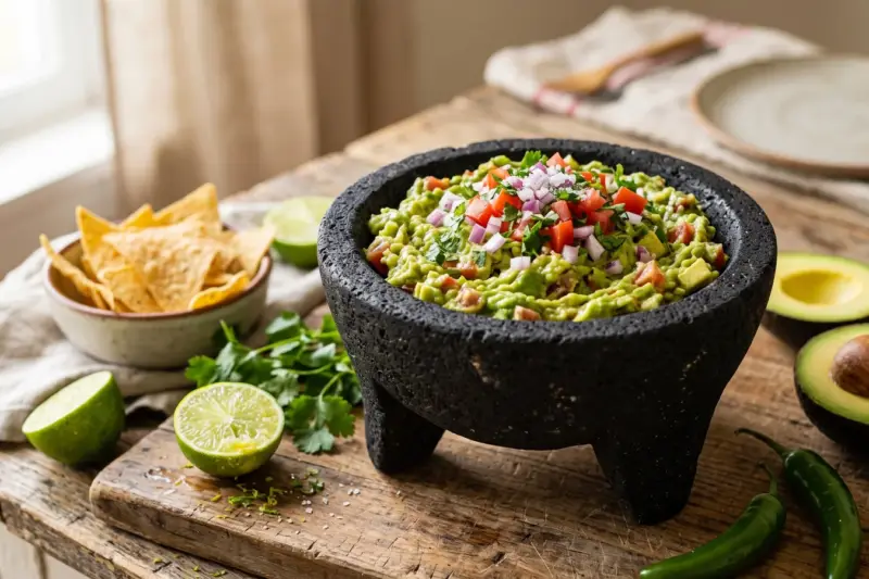 Guacamole en molcajete con totopos, limas y aguacates