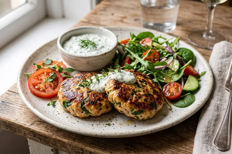 Hamburguesas de pollo y espinacas con ensalada y salsa de yogur