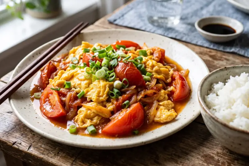 Huevos revueltos con tomate al estilo chino con cebolleta