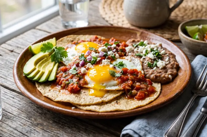 Huevos rancheros sobre tortilla con salsa ranchera, frijoles y aguacate