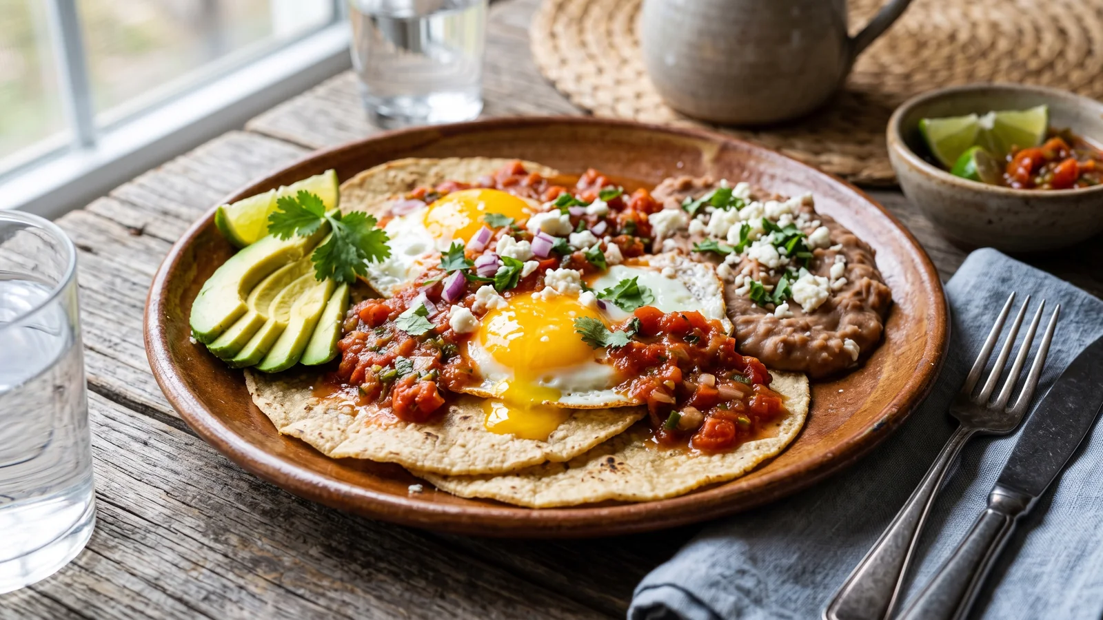 Huevos rancheros sobre tortilla con salsa ranchera, frijoles y aguacate