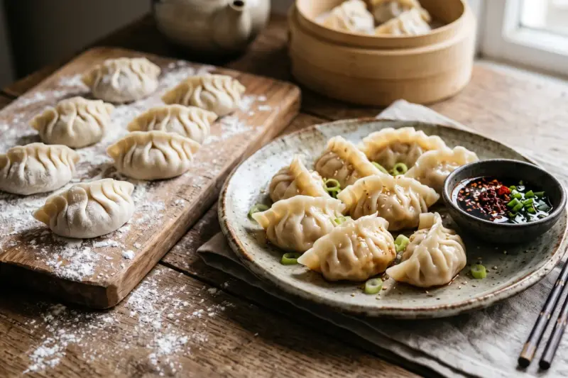 Jiaozi caseros cocidos con salsa de vinagre negro para mojar