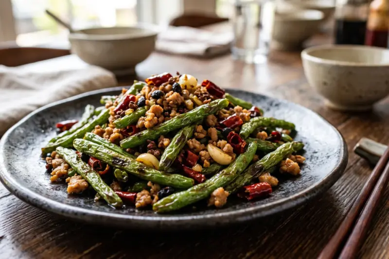 Judías verdes salteadas al estilo Sichuan con guindillas y ajo