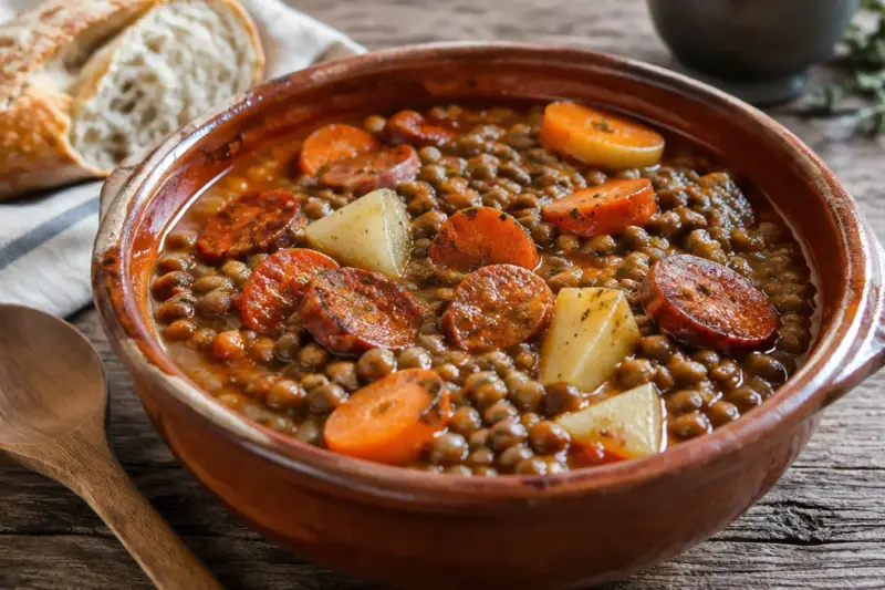 Cazuela de barro con lentejas estofadas con chorizo, zanahoria y patata