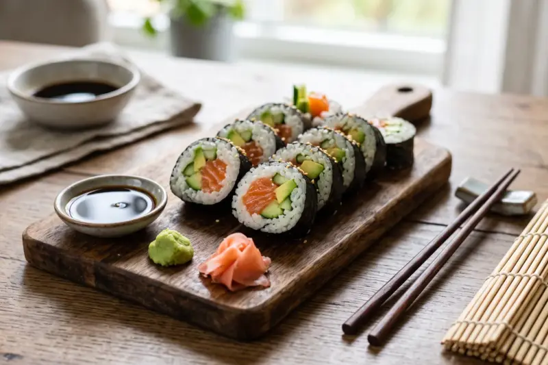 Maki sushi caseros de salmón, pepino y aguacate con soja y wasabi