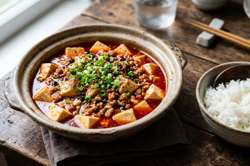 Mapo tofu con salsa roja picante, carne picada y cebolleta