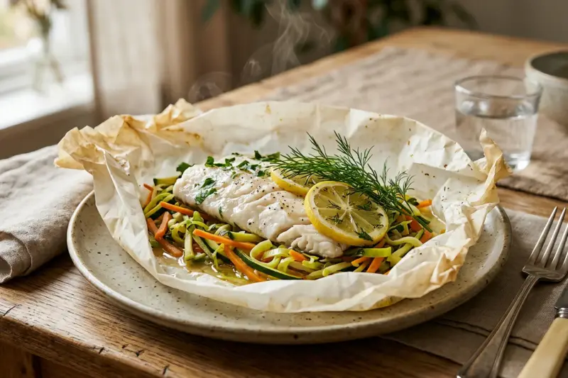 Merluza al papillote con verduras en juliana y limón
