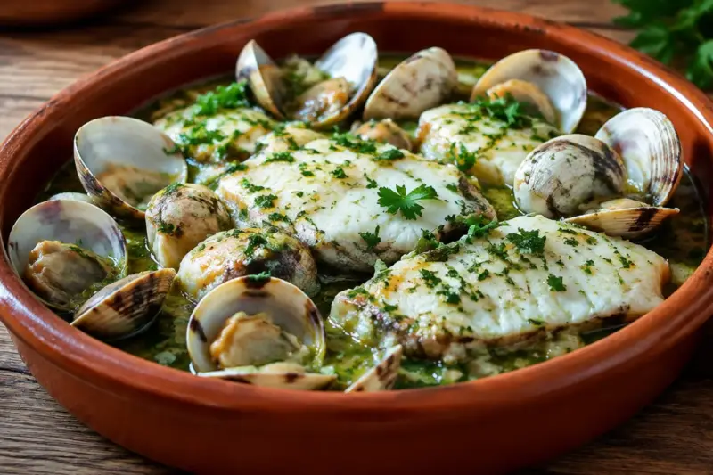 Merluza en salsa verde con almejas en cazuela de barro