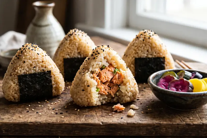 Onigiri triangulares con alga nori, uno abierto con relleno de salmón