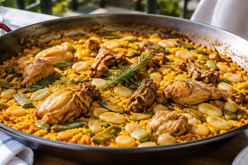 Paella valenciana con pollo, conejo, judía verde y garrofó en su paellera