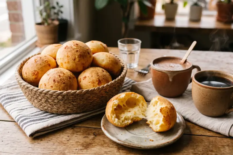 Cesta de pandebonos colombianos recién horneados, uno abierto