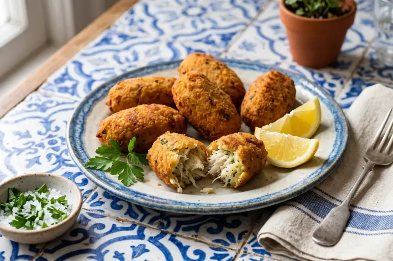 Pastéis de bacalhau dorados, uno abierto mostrando el interior