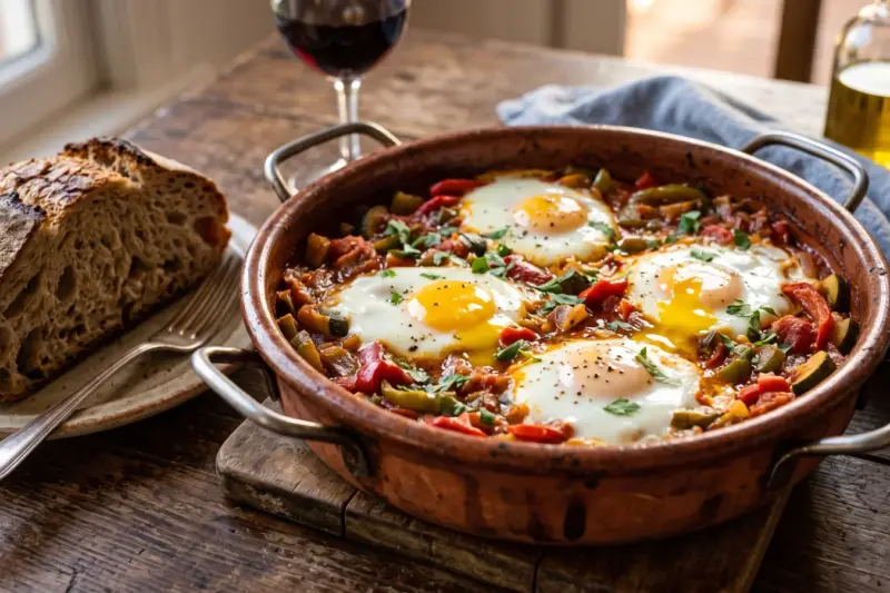 Pisto manchego con huevos cuajados en cazuela de barro