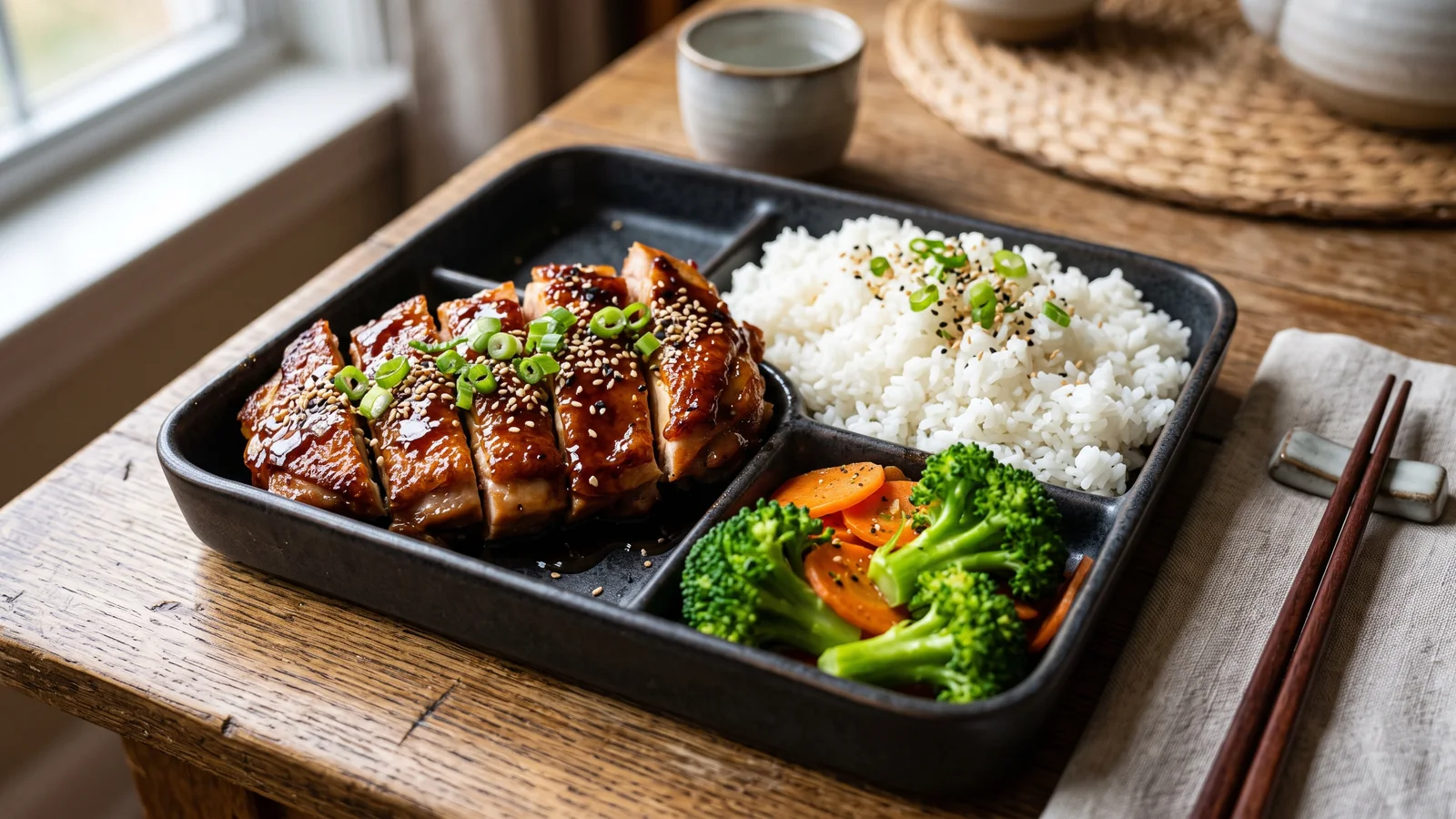 Pollo teriyaki glaseado en tiras con sésamo, arroz y brócoli