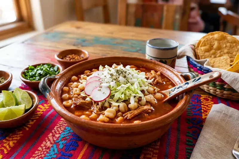Pozole rojo con maíz cacahuazintle, lechuga, rábano y lima
