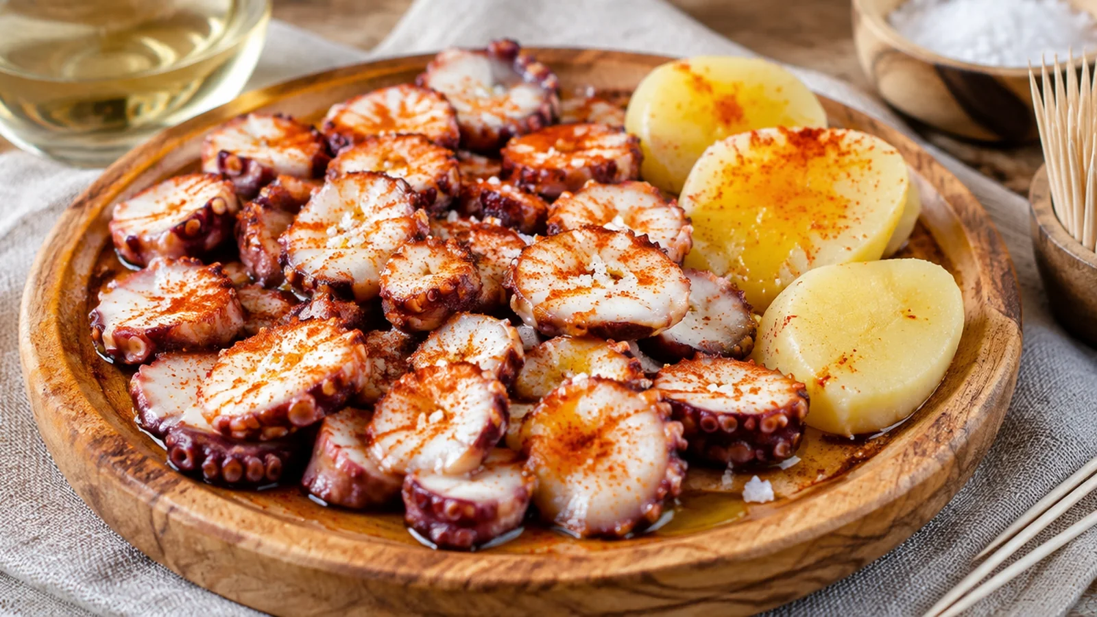 Pulpo á feira en plato de madera con pimentón, sal gruesa y cachelos