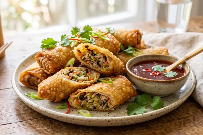Rollitos de primavera crujientes cortados mostrando el relleno