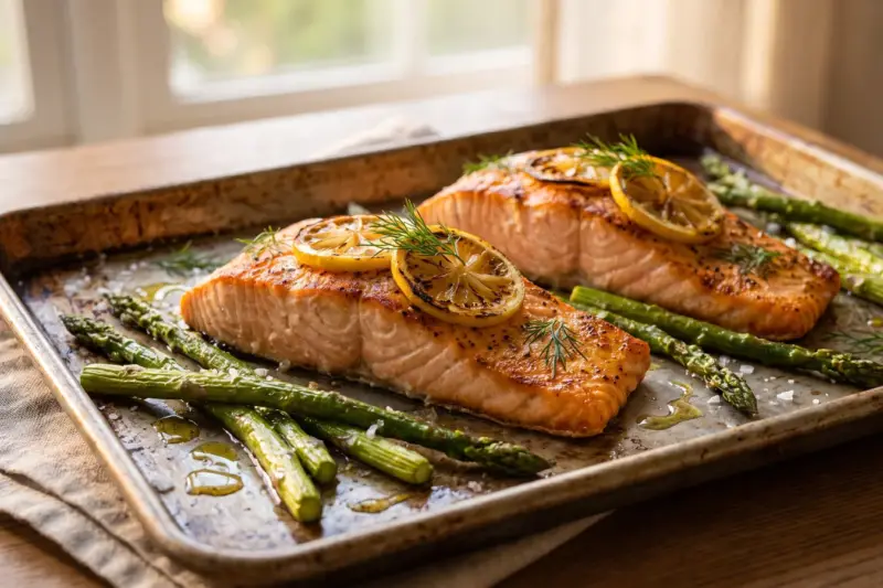 Salmón al horno con espárragos trigueros y rodajas de limón