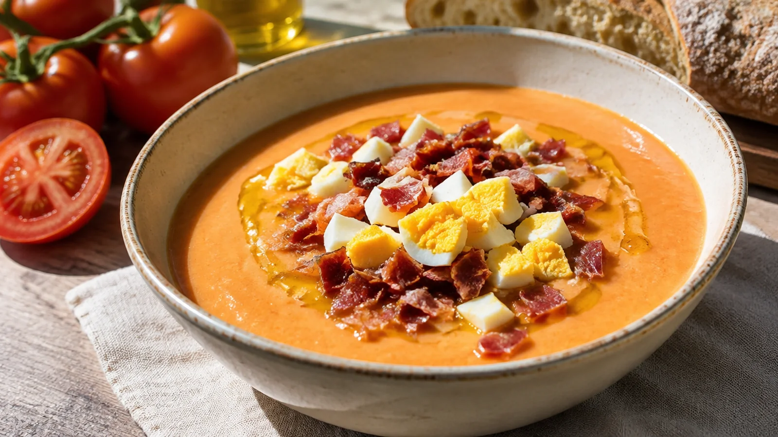 Salmorejo cordobés con huevo duro picado, jamón y aceite de oliva