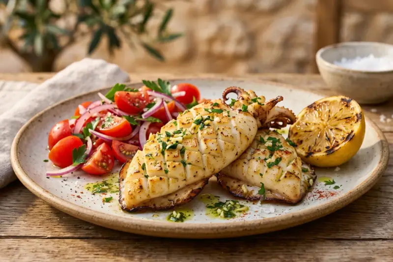Sepia a la plancha con ajo y perejil y ensalada de tomate