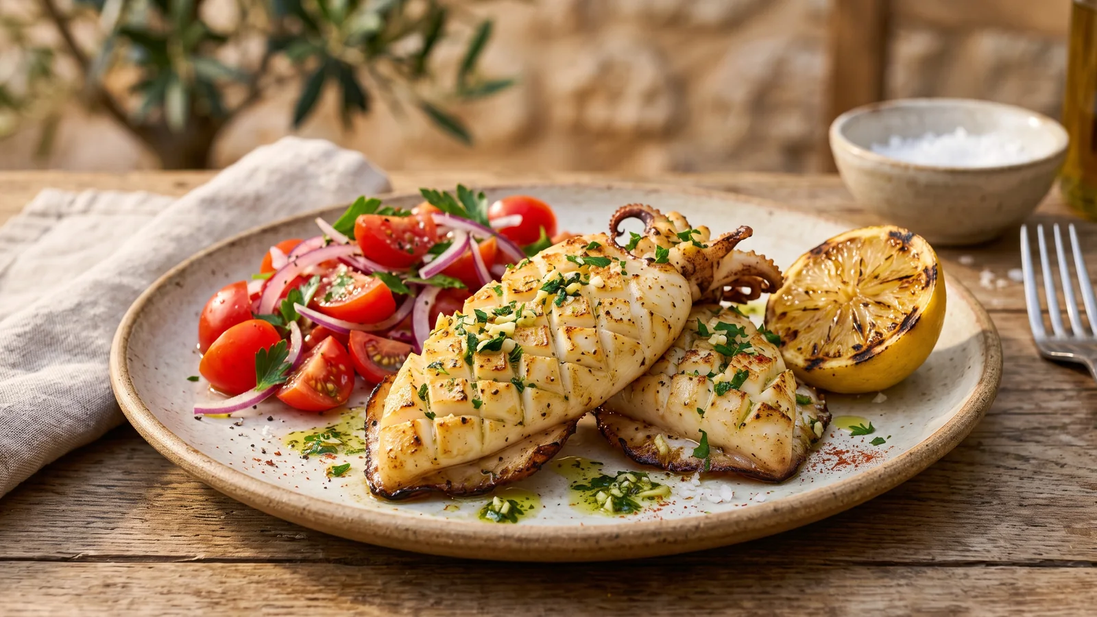 Sepia a la plancha con ajo y perejil y ensalada de tomate