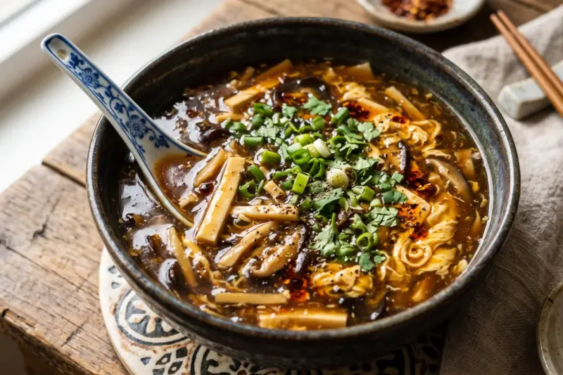Sopa agripicante china con tofu, setas y huevo en hilos