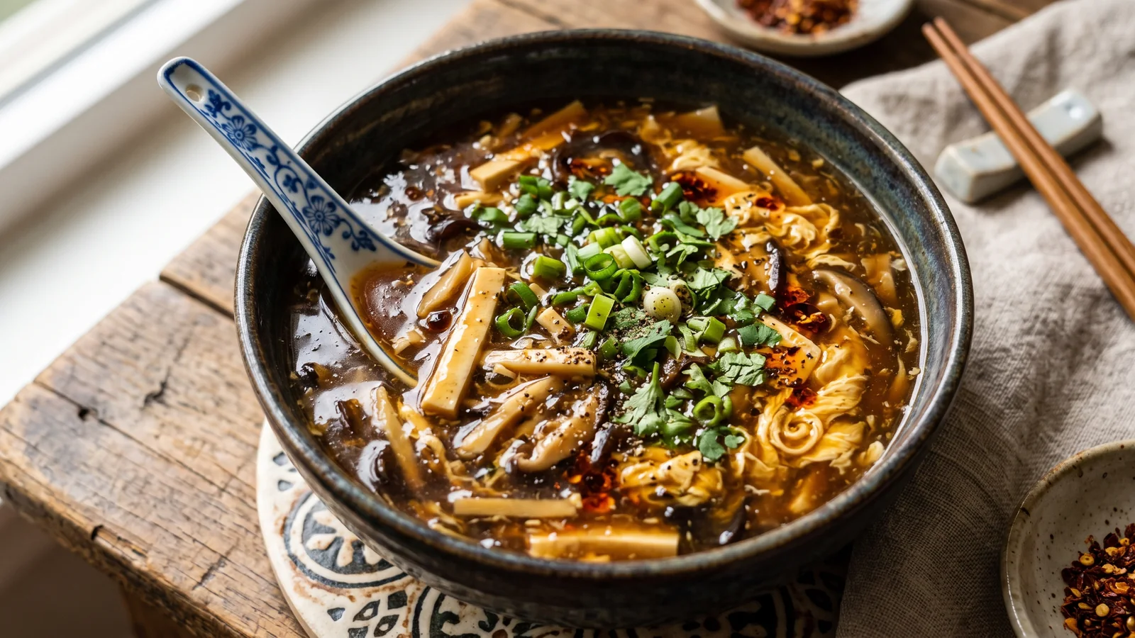 Sopa agripicante china con tofu, setas y huevo en hilos