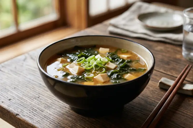 Cuenco de sopa de miso con tofu, wakame y cebolleta