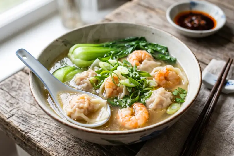 Sopa wonton con raviolis, pak choi y cebolleta en caldo claro